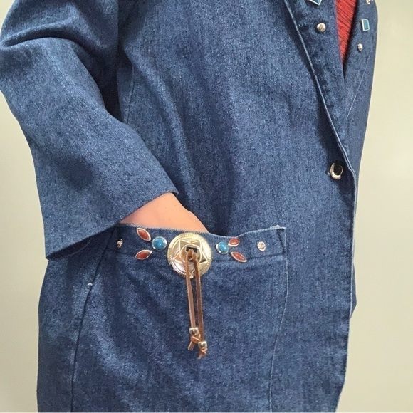 VINTAGE 80s Western Crackle Stone Embellished Denim Blazer Jacket Size 10 - Picture 3 of 12